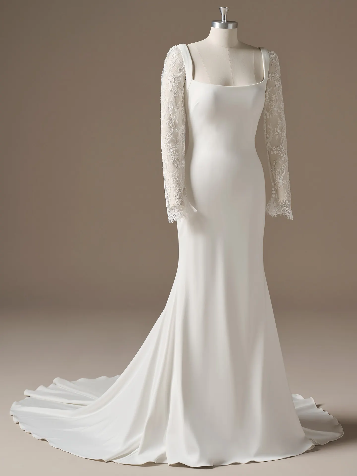 Rebecca Ingram Lucille front view scoop neck lace sleeve sheath wedding dress