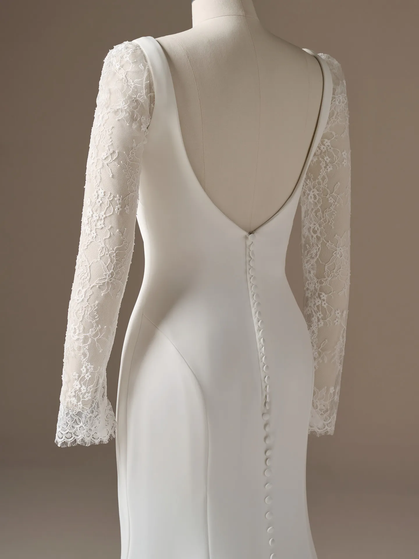 Rebecca Ingram Lucille V-back sheath dress back view with lace sleeves