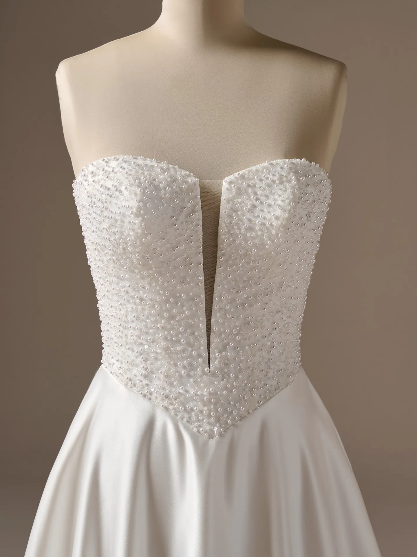 Rebecca Ingram Marty front view, pearl-accented illusion sweetheart neckline A-Line wedding dress
