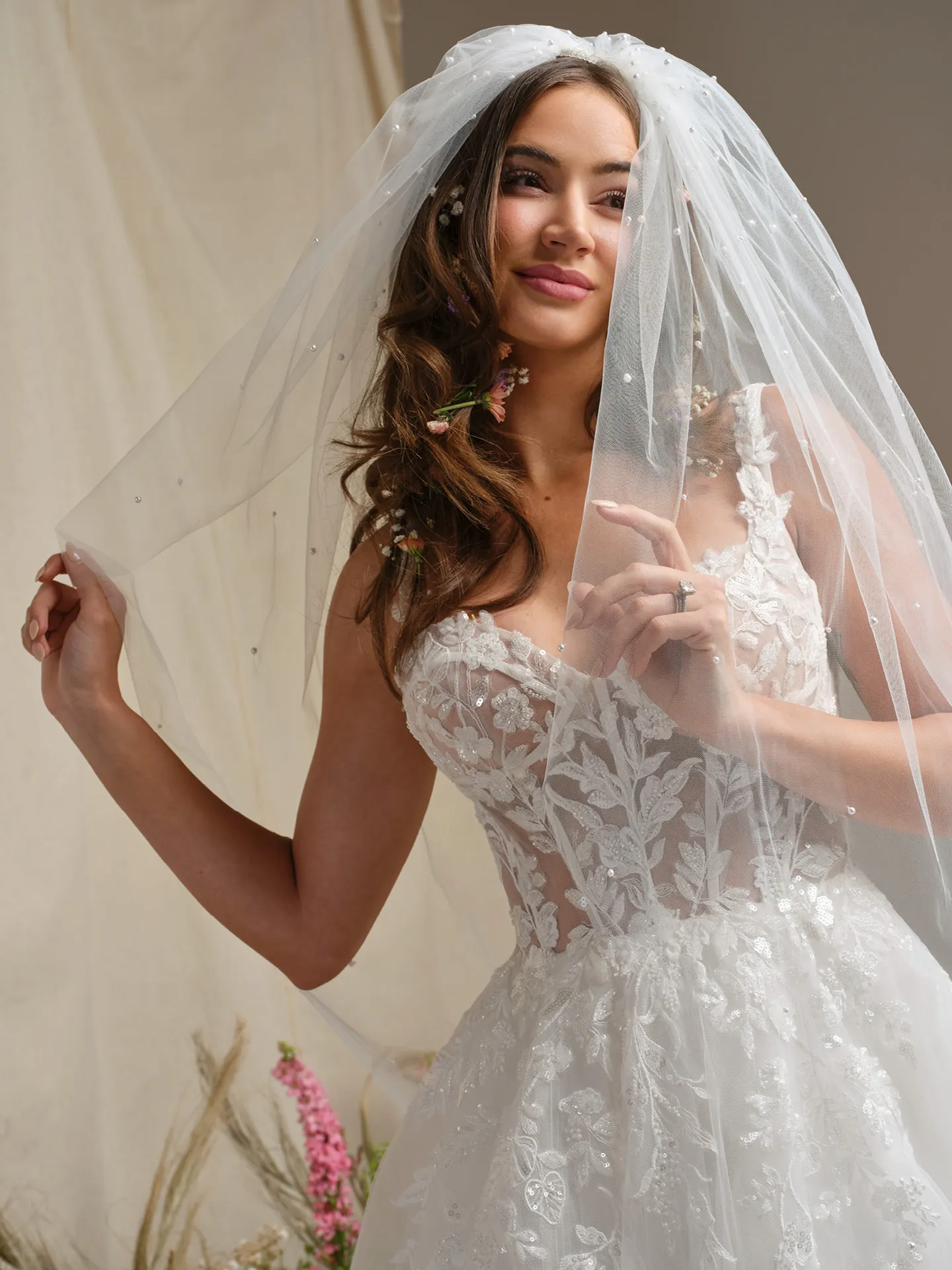 Rebecca Ingram Susan dress front view, sweetheart neck, illusion bodice, ballgown style