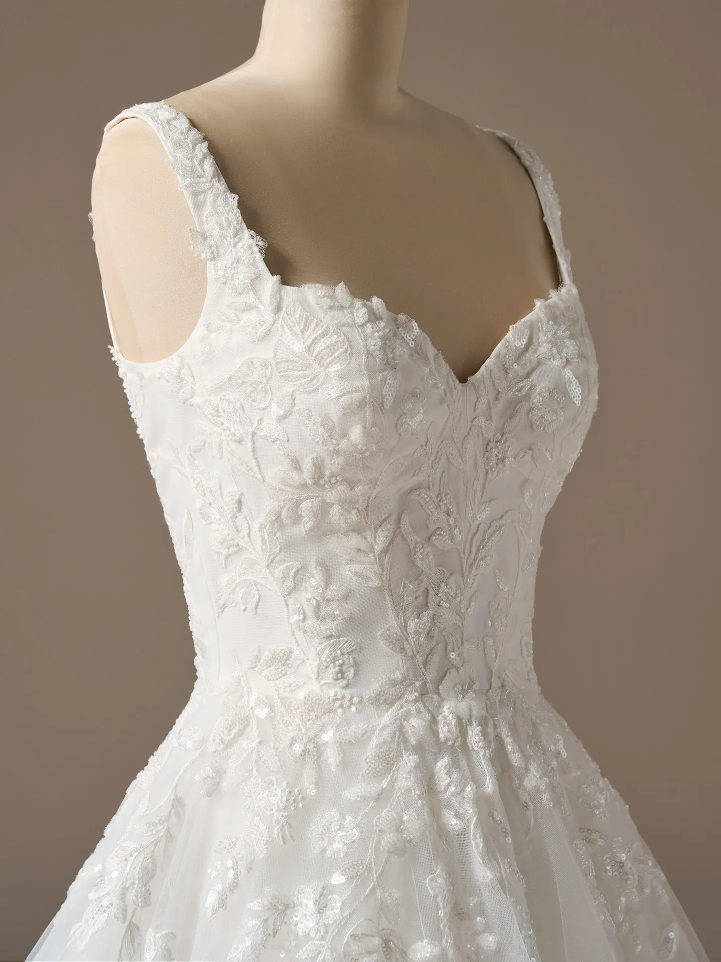 Rebecca Ingram Susan bodice detail, sweetheart neck ballgown with floral lace embroidery