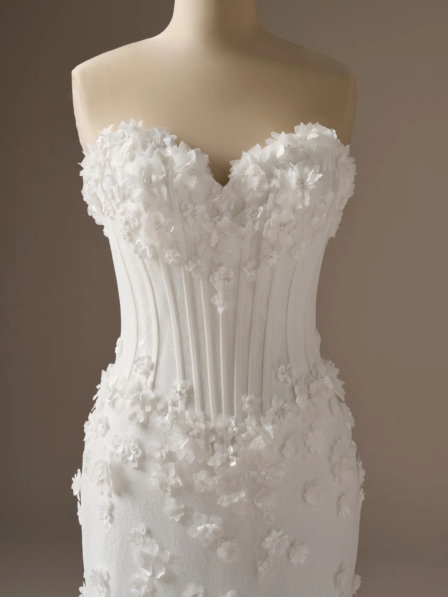 Maggie Sottero Akari, front view, 3-D flowers, sweetheart neckline, fit-and-flare dress.