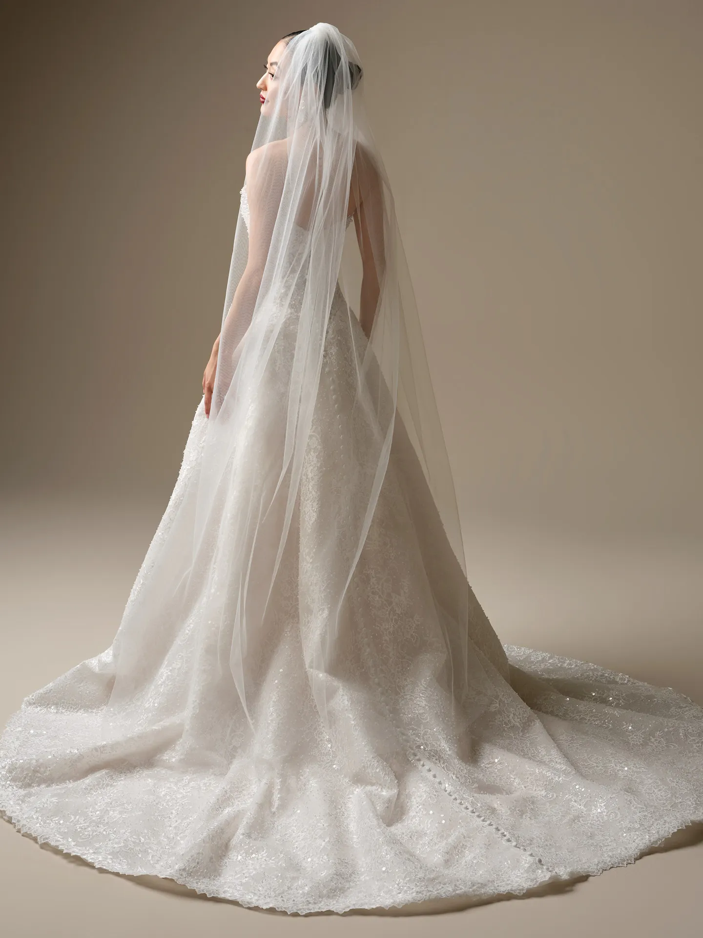 Maggie Sottero Angelica A-Line, back view with veil by Sottero and Midgley.