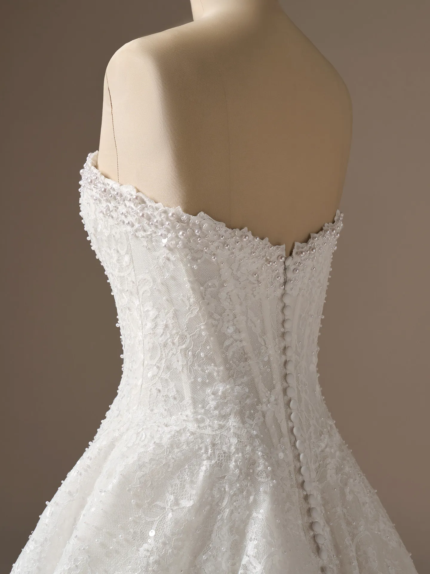 Maggie Sottero Angelica, back view, beaded lace A-line wedding dress.