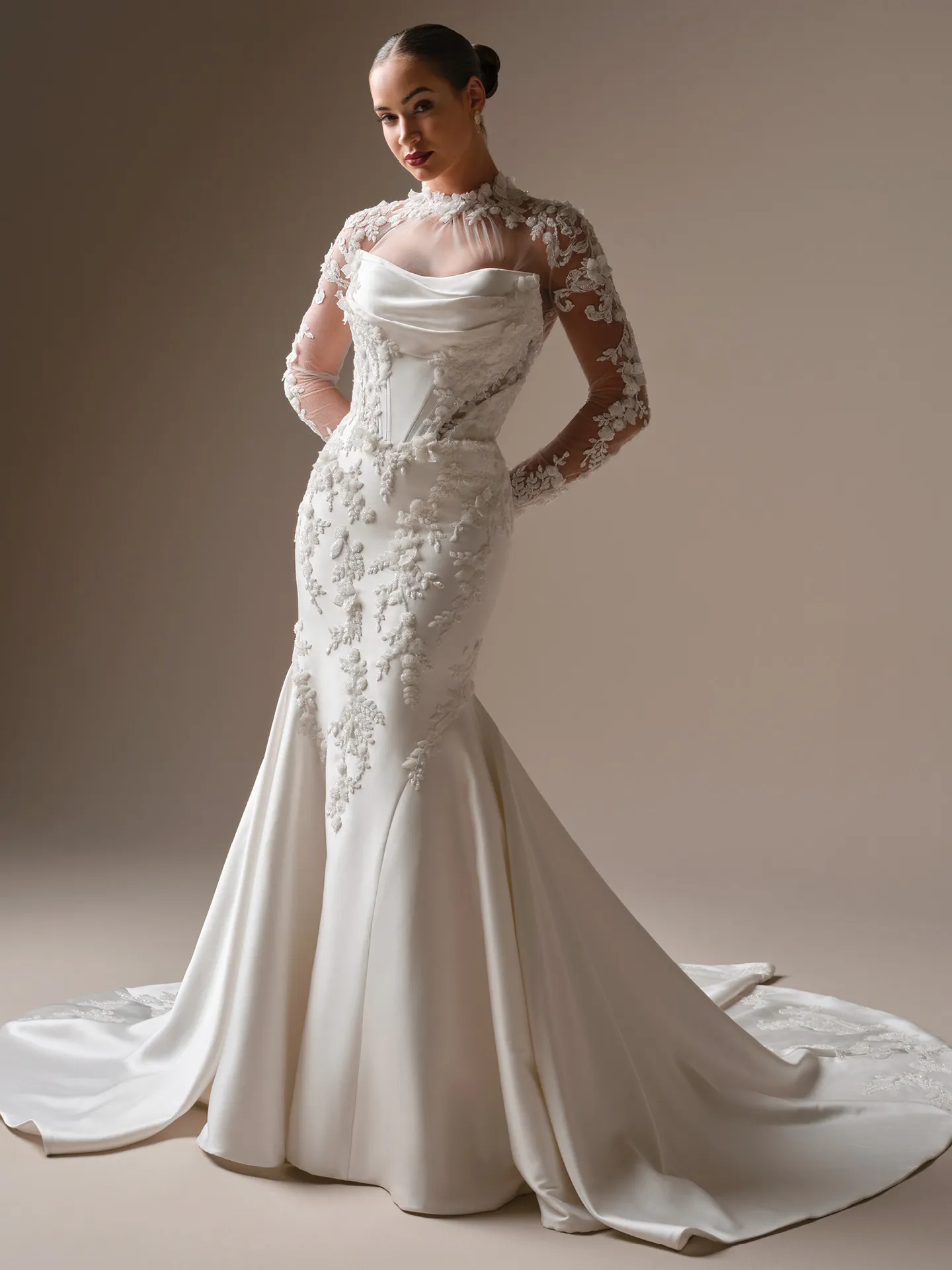 Maggie Sottero Burke lace fit-and-flare wedding dress front view.