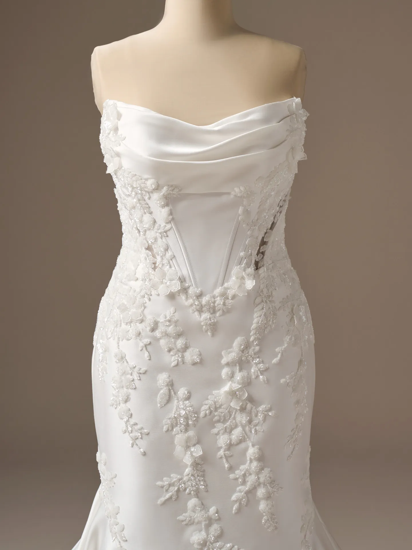 Maggie Sottero Burke, front view, beaded 3-D lace fit-and-flare wedding dress.