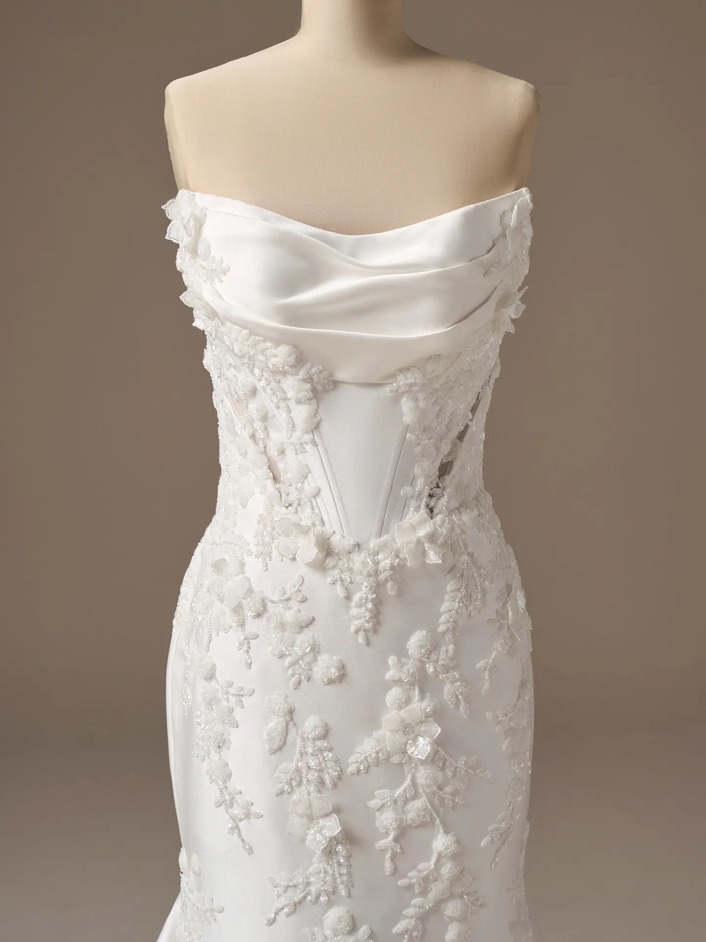 Maggie Sottero Burke, front view, beaded 3-D lace fit-and-flare wedding dress.