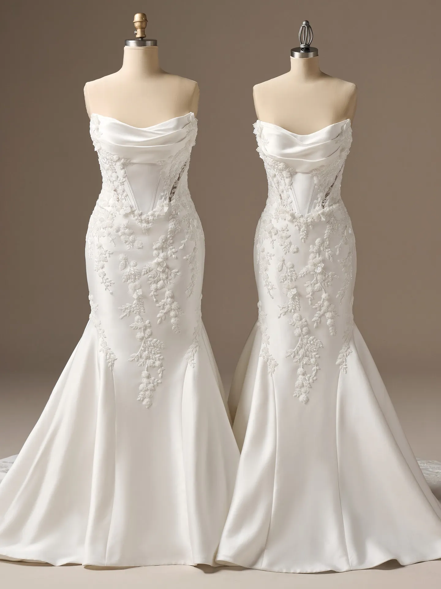 Maggie Sottero Burke fit-and-flare wedding dress on mannequin, front view.