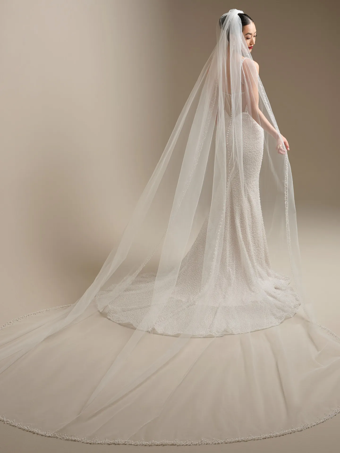 Sottero and Midgley Cooper, back view; pearl glitter tulle sheath wedding dress with long veil.
