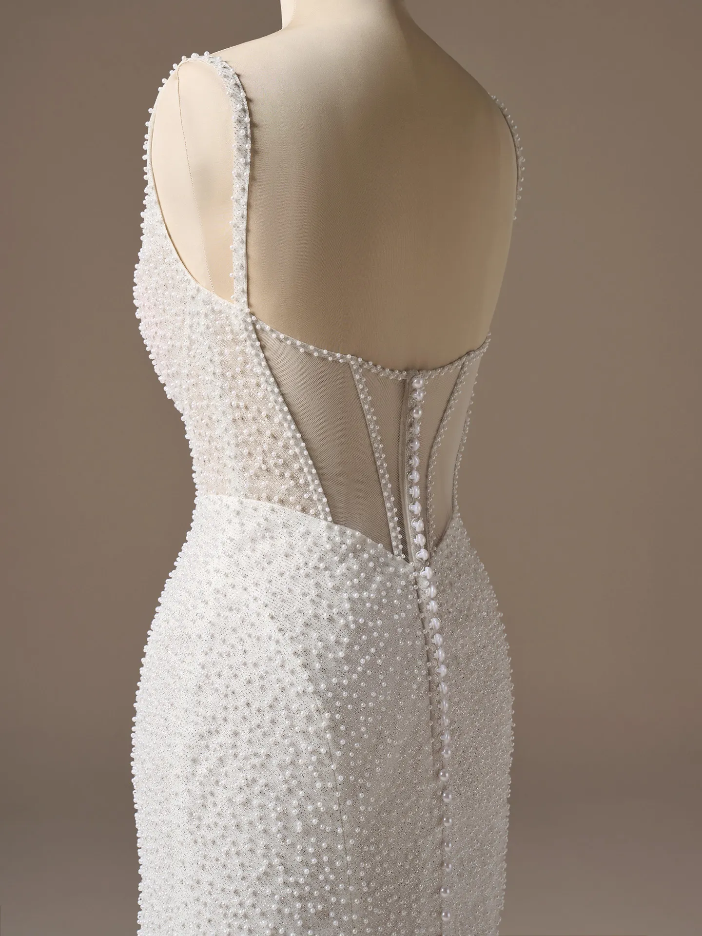 Sottero and Midgley Cooper, back view, pearl tulle sheath dress.