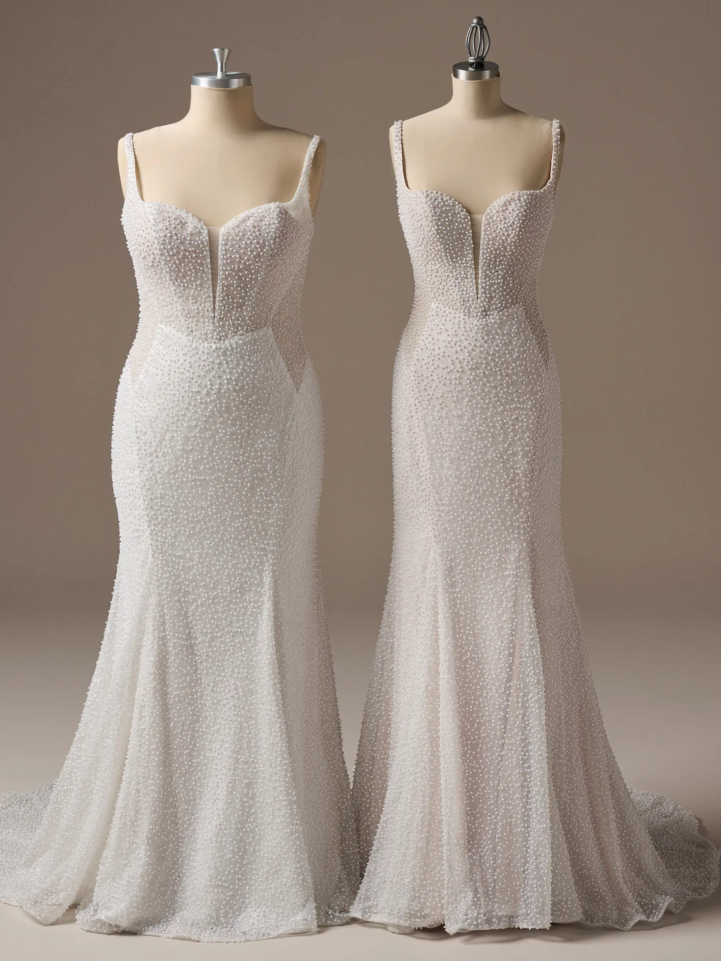 Sottero and Midgley Cooper pearl glitter tulle sheath wedding dress, front view.