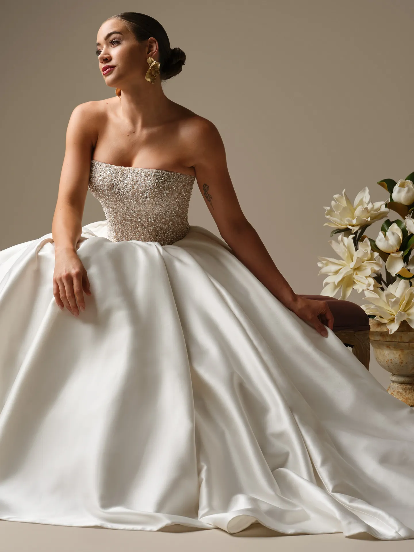 Sottero and Midgley Dmara beaded bodice satin ballgown, front view wedding dress Sottero and Midgley.