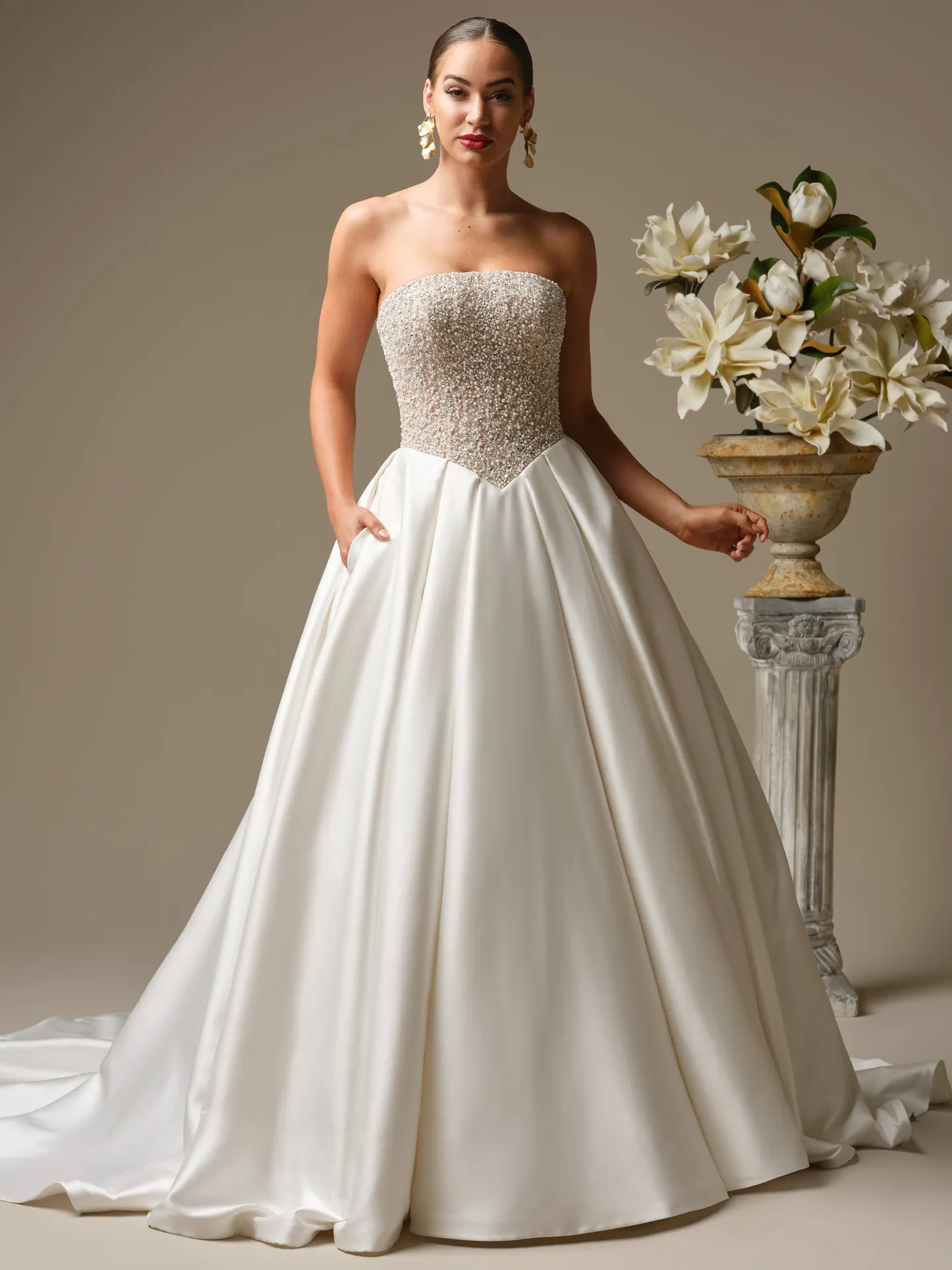 Sottero and Midgley Dmara beaded bodice satin ballgown, front view.