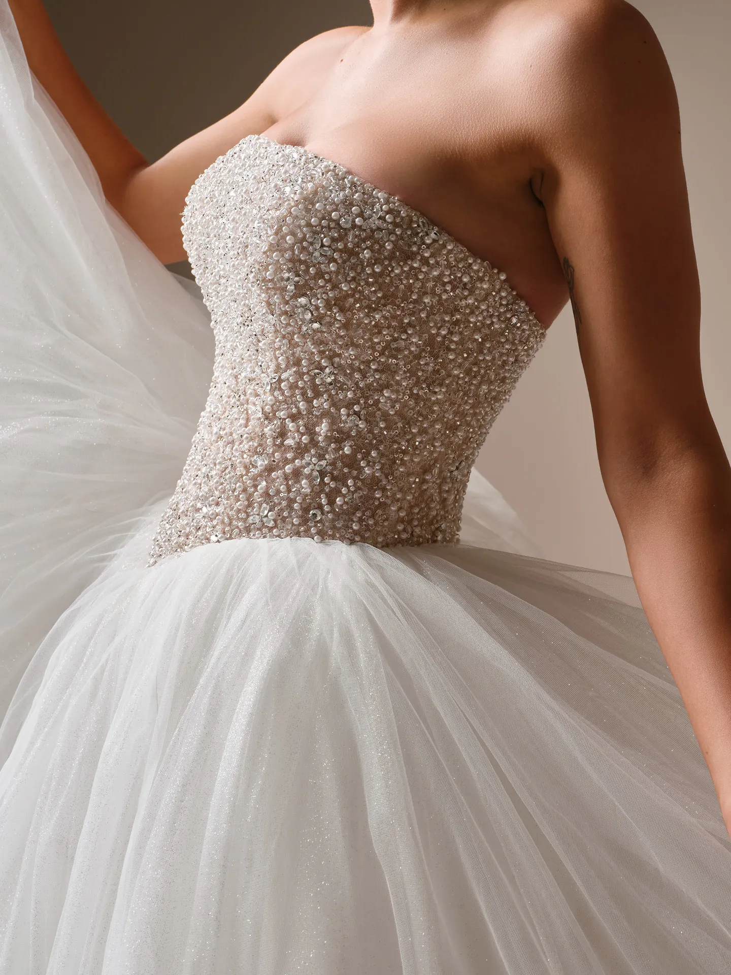 Sottero and Midgley Dmara Lane, front view, beaded bodice, tulle ballgown wedding dress.