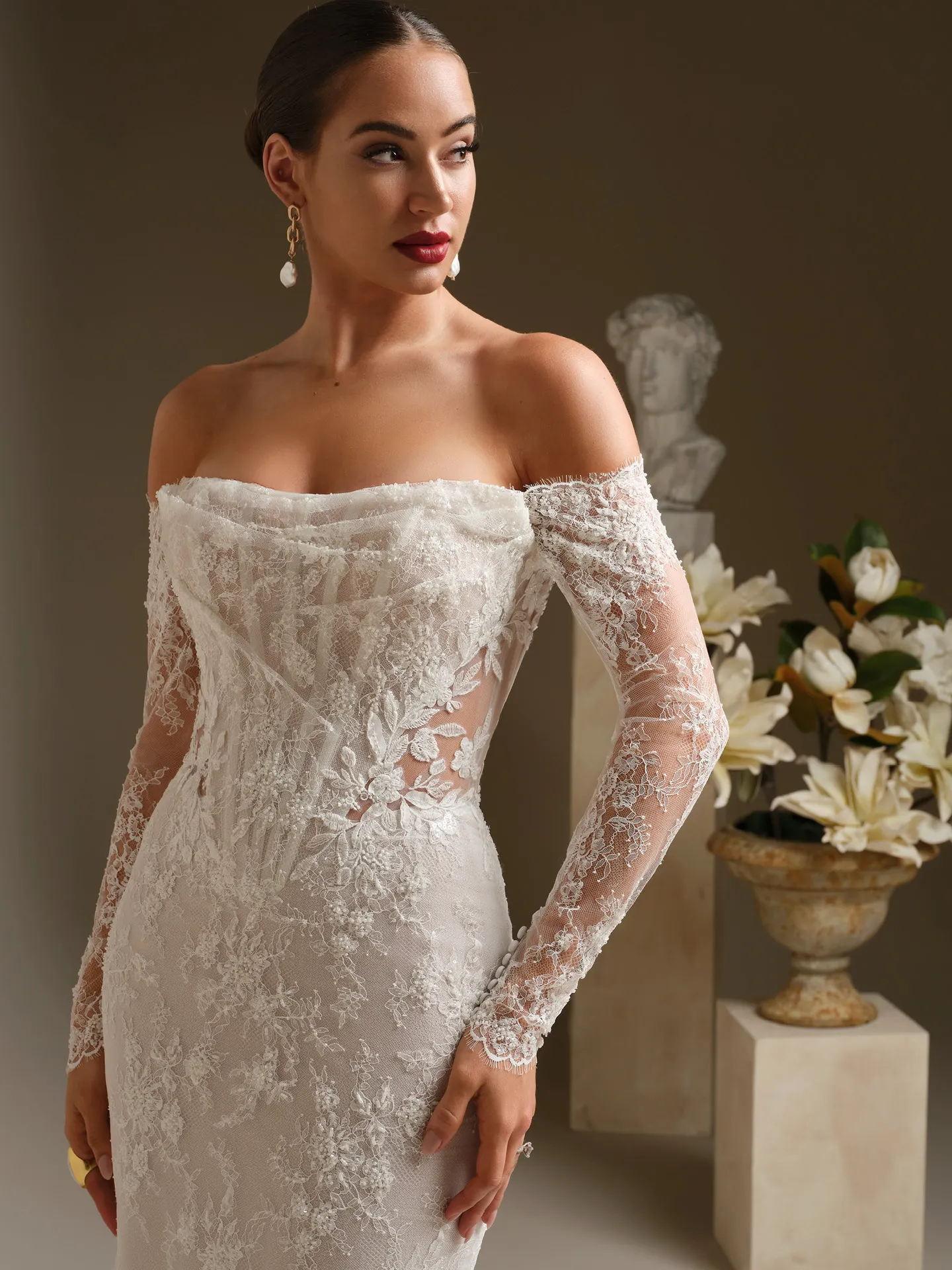 Sottero and Midgley Dublin, front view, lace sheath wedding dress with long sleeves.