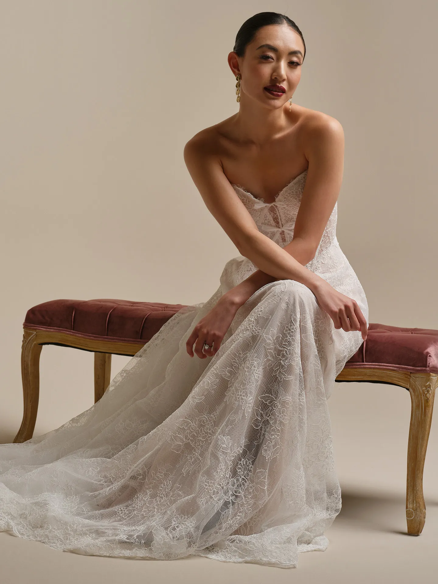 Sottero and Midgley Granger Chantilly lace A-line dress, side view.