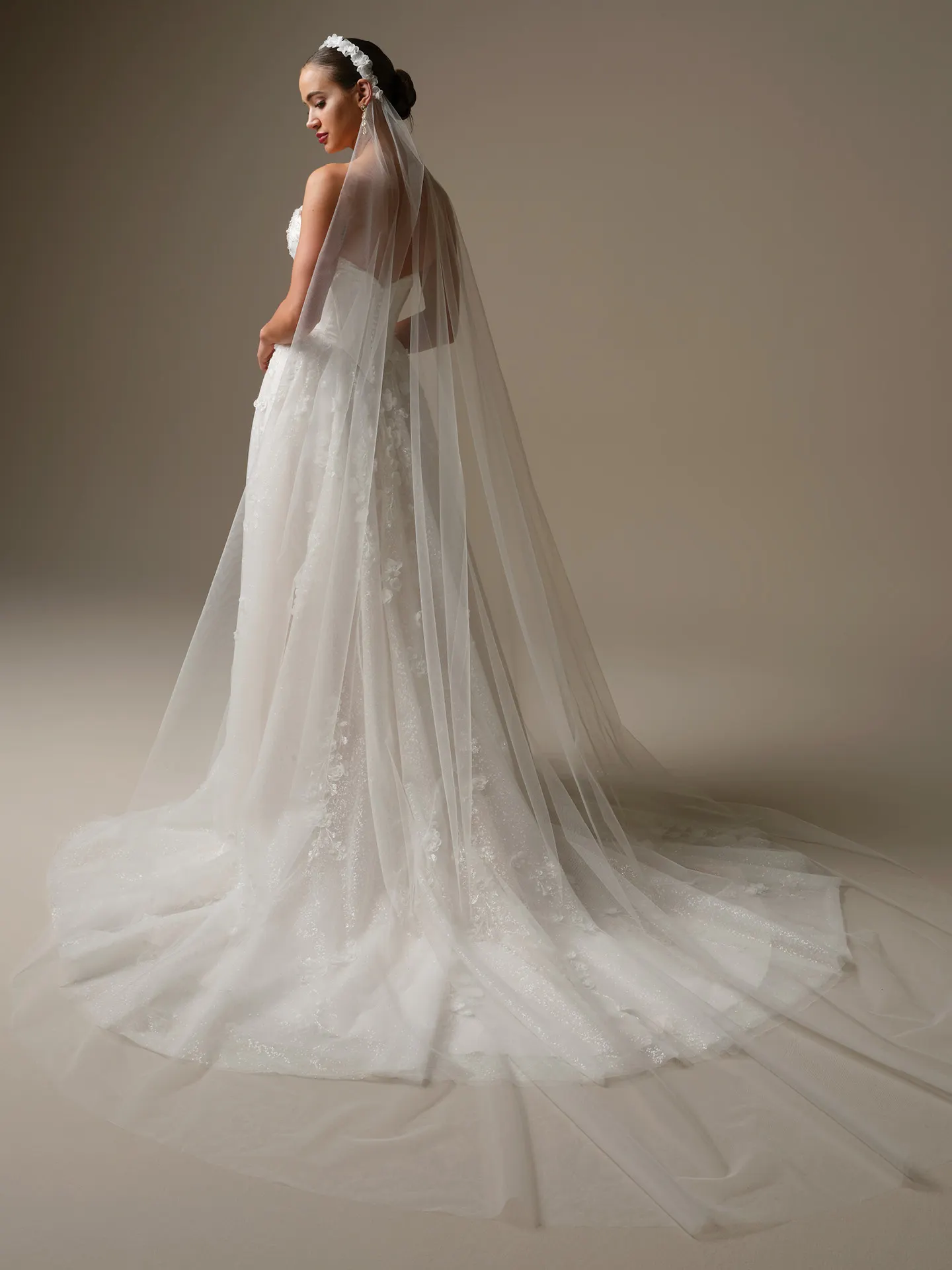 Sottero and Midgley Kalinda, back view ballgown with floral lace and long veil.