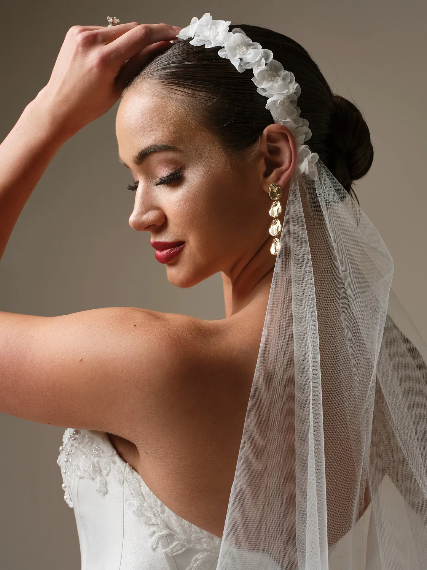 Sottero and Midgley Kalinda, side view, floral lace ballgown, tulle veil, flower headband.