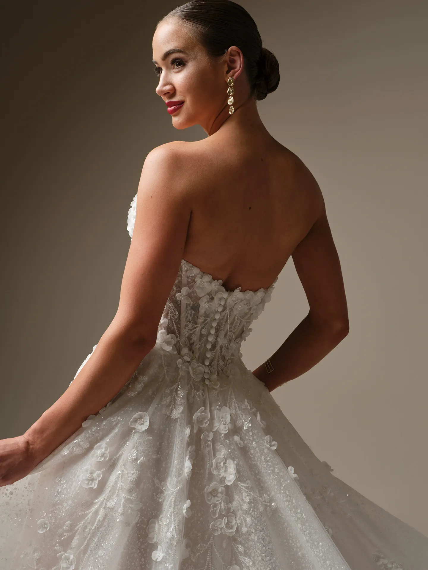 Sottero and Midgley Kalinda, side view 3-D floral lace ballgown wedding dress.