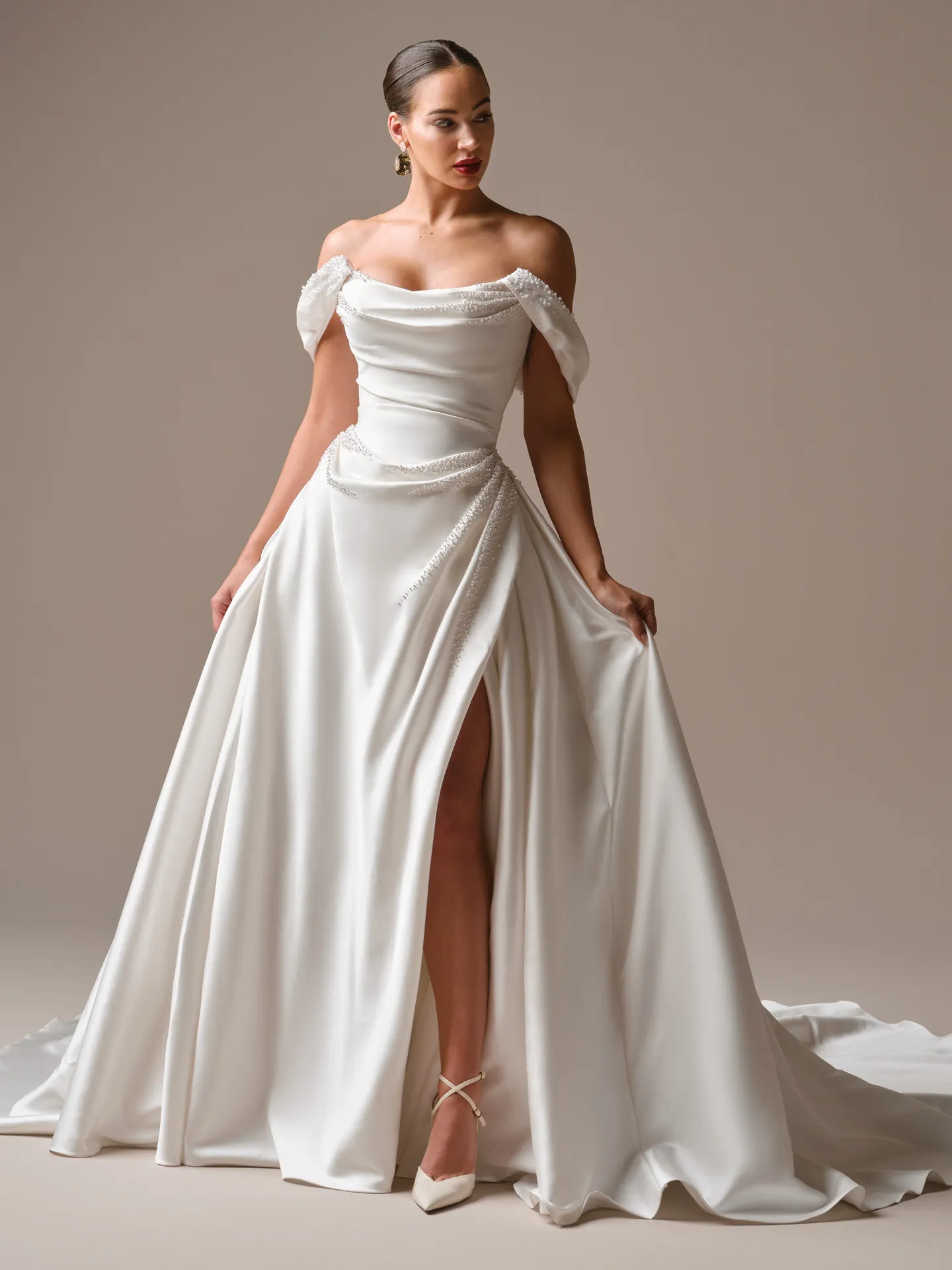 Sottero and Midgley Kincaid ballgown, front view with thigh-high slit.