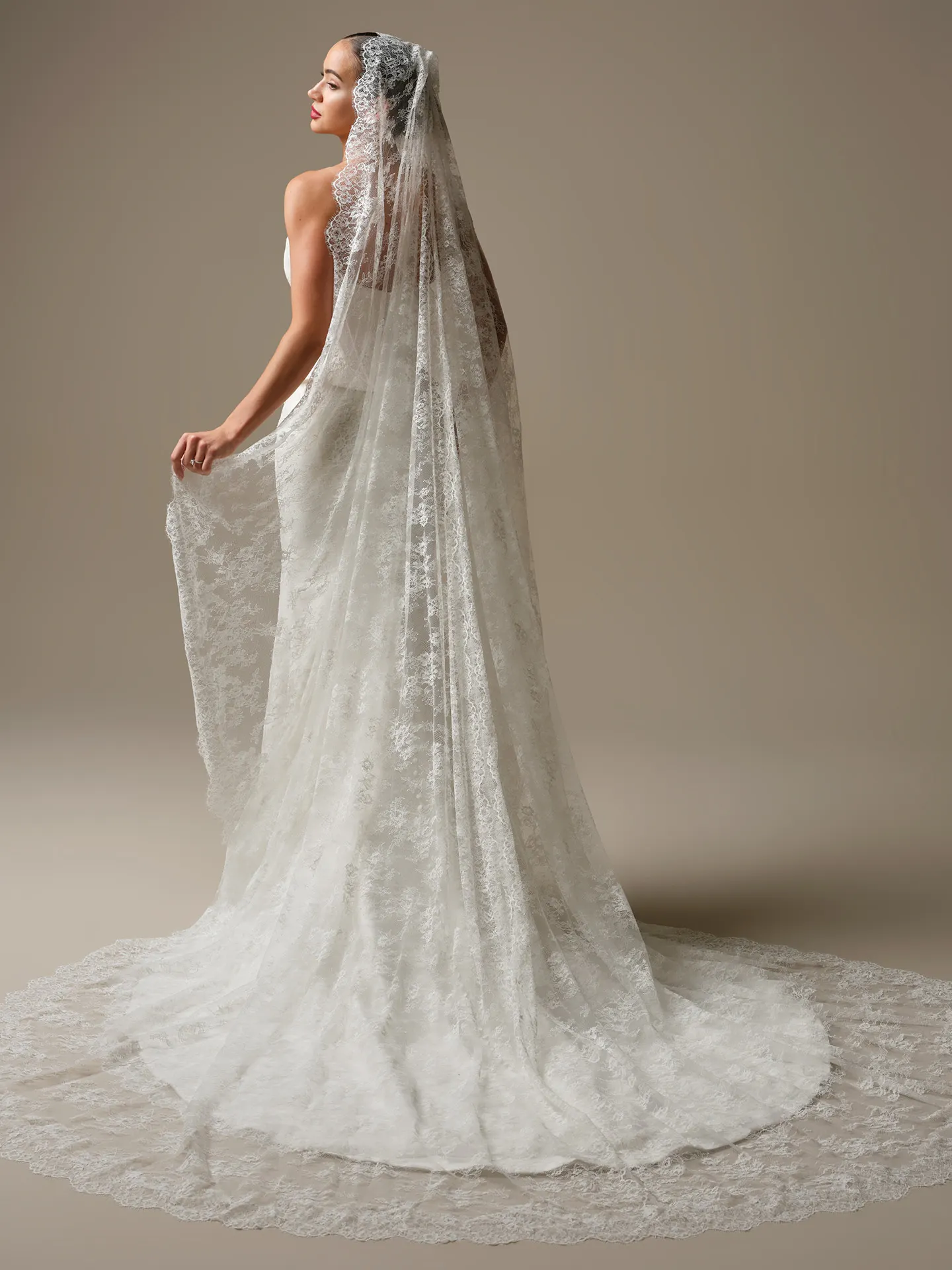 Sottero and Midgley Lassen, back view, strapless Chantilly lace sheath wedding dress with long veil.