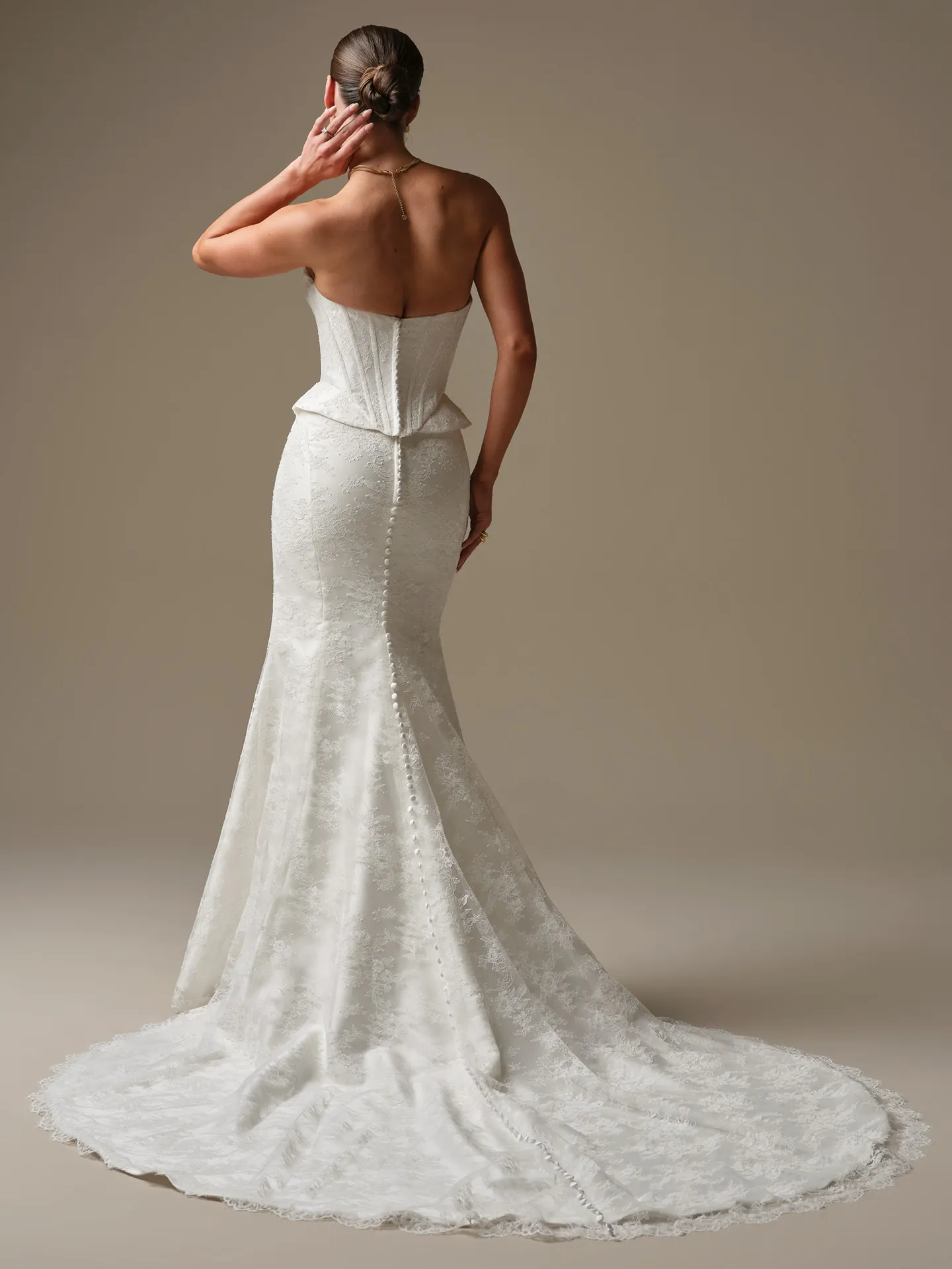 Sottero and Midgley Lassen sheath wedding dress, back view, Chantilly lace detail.