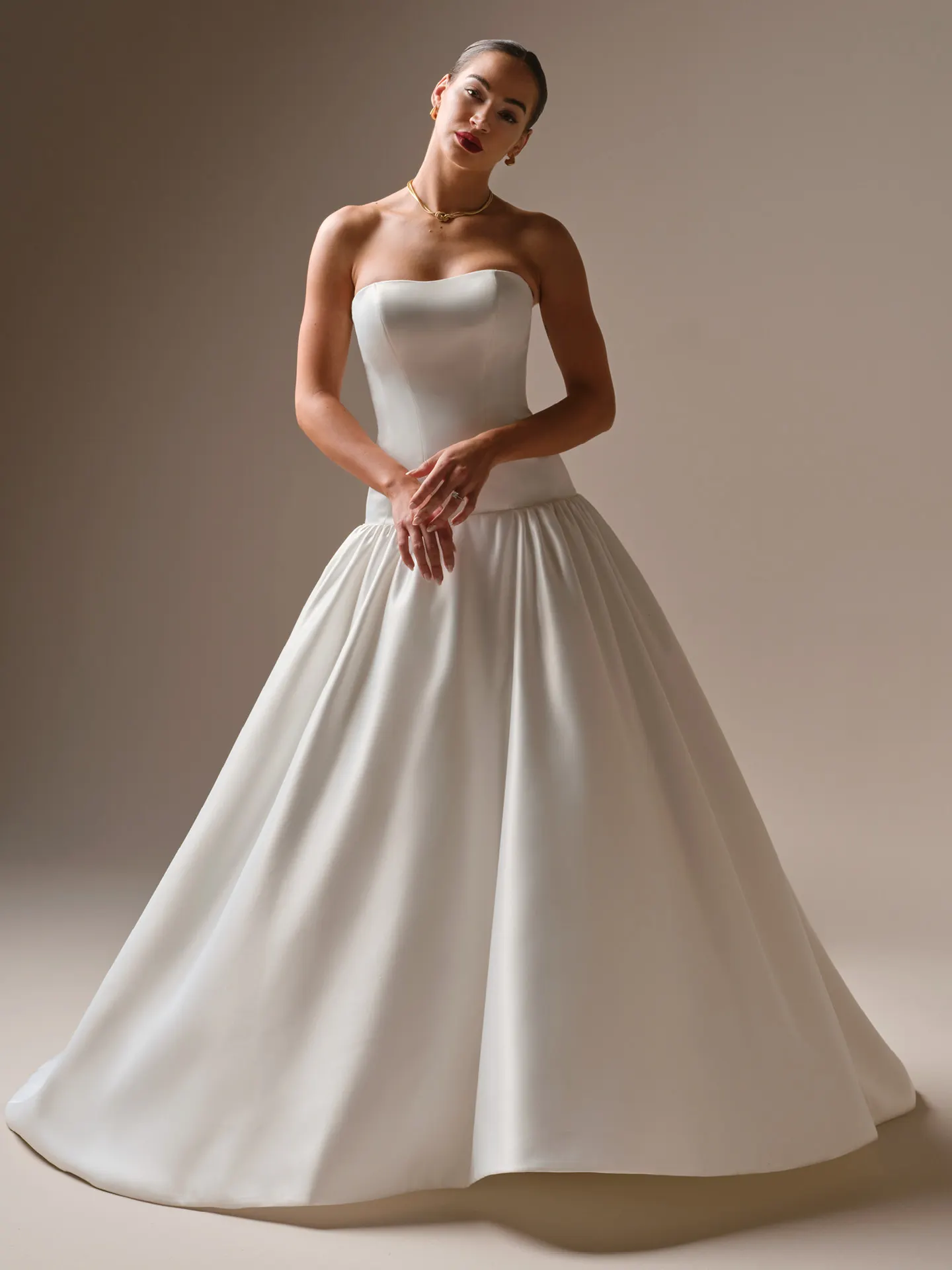 Sottero and Midgley Tokyo strapless satin ballgown, front view.
