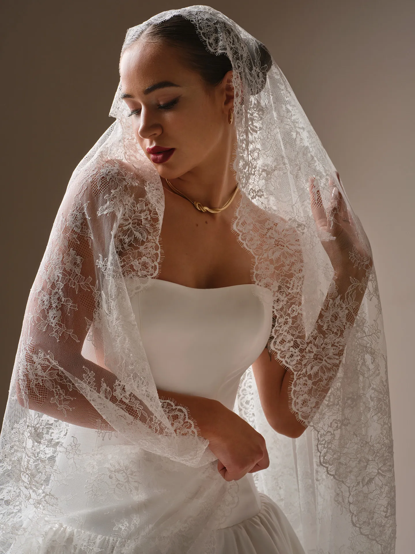 Sottero and Midgley Tokyo strapless satin gown, lace veil,, front view.