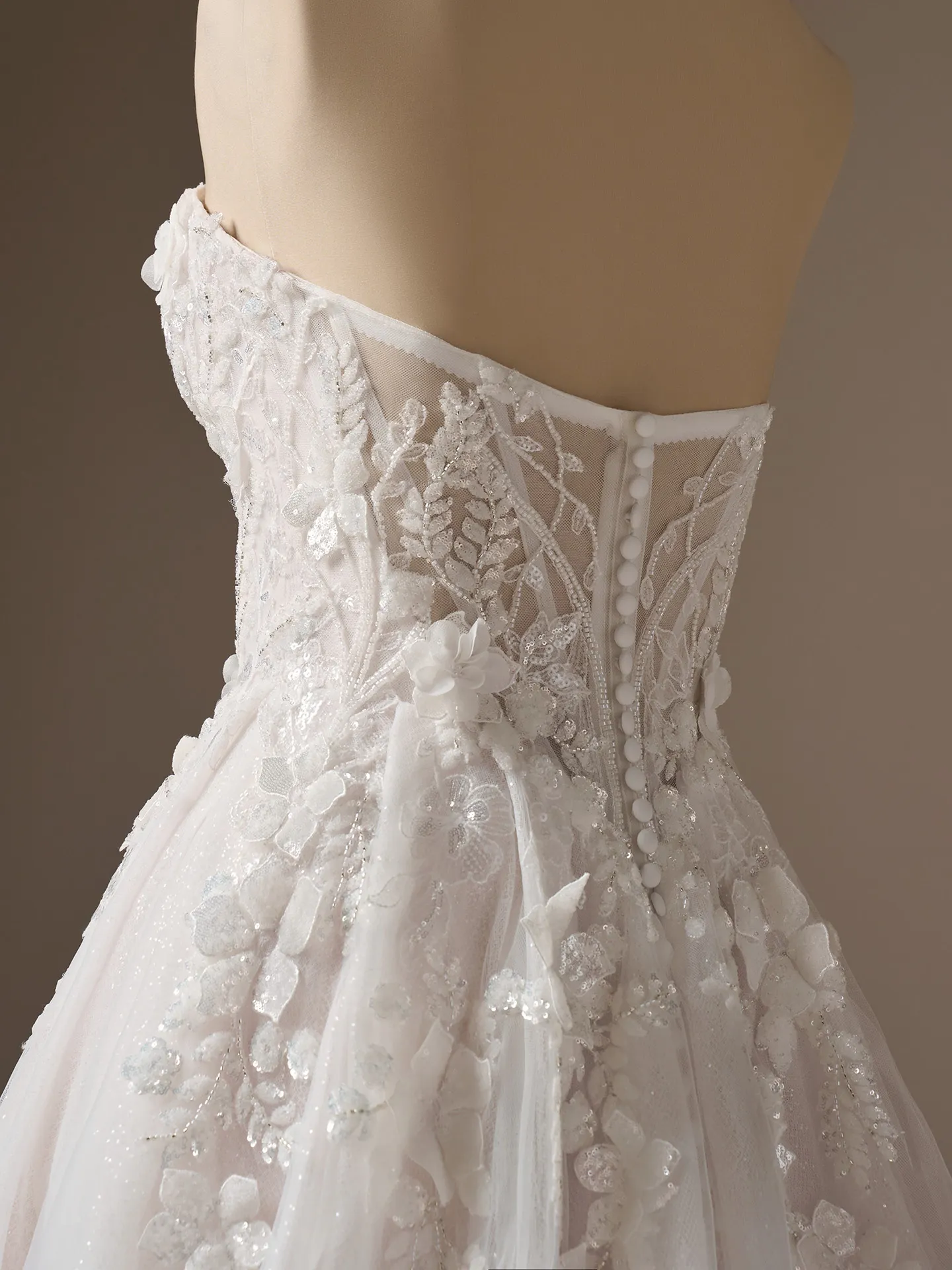 Sottero and Midgley Twilight Lane, back view with 3-D beaded lace and floral details.