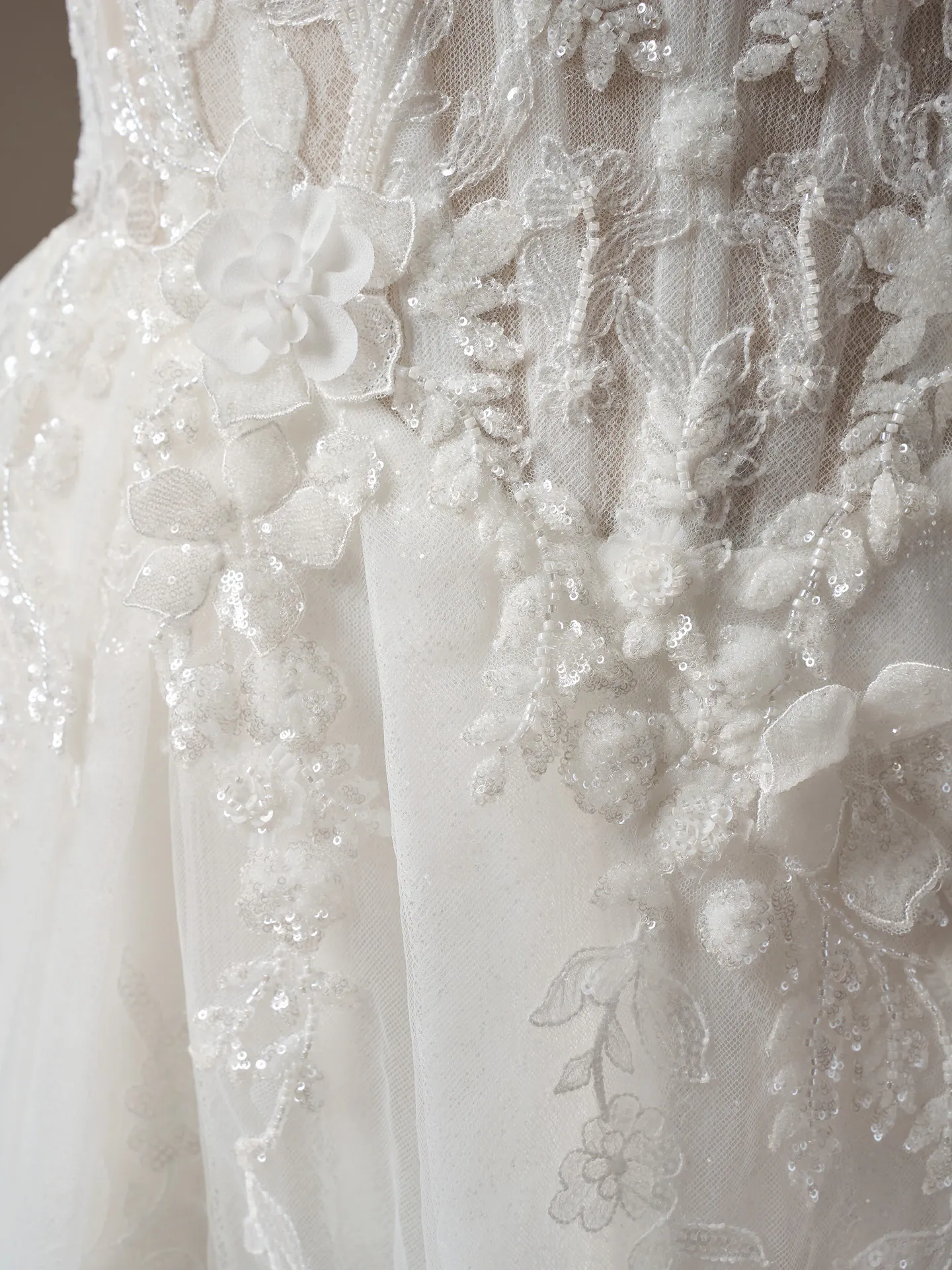 Sottero and Midgley Twilight Lane 3-D beaded lace detail on A-line wedding dress.