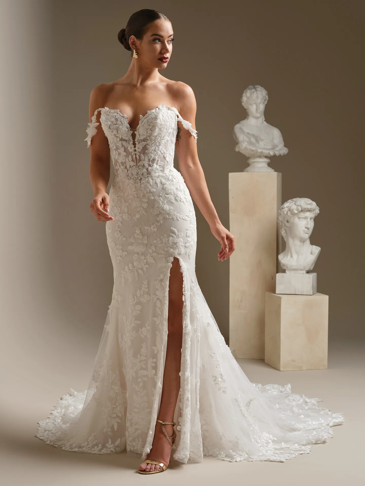 Sottero and Midgley West beaded lace fit-and-flare wedding dress, front view.