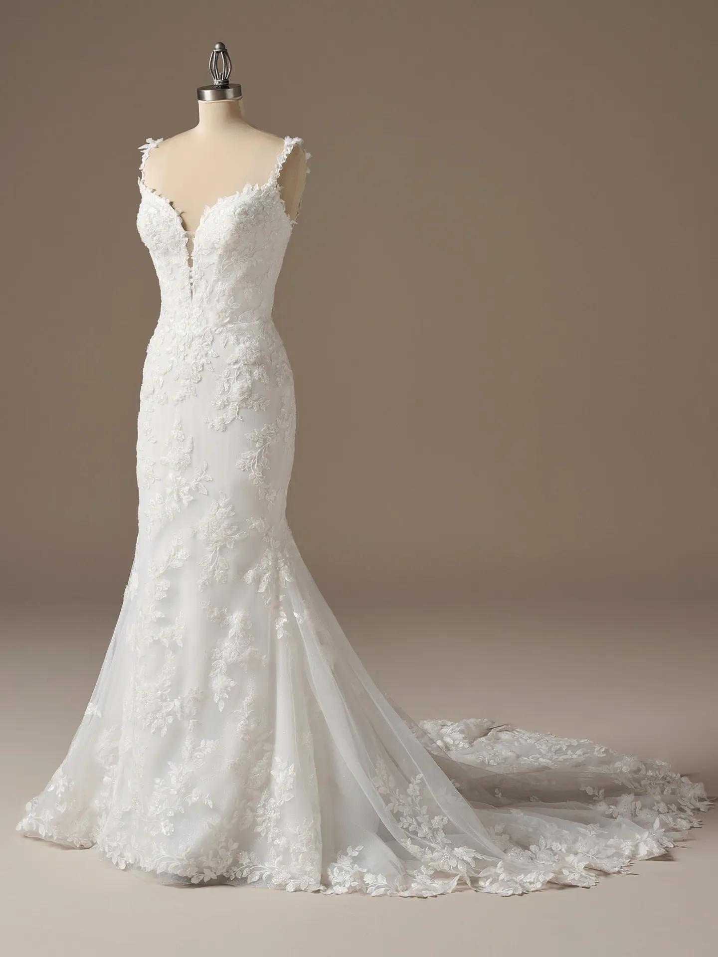 Sottero and Midgley West fit-and-flare beaded lace dress, side view.