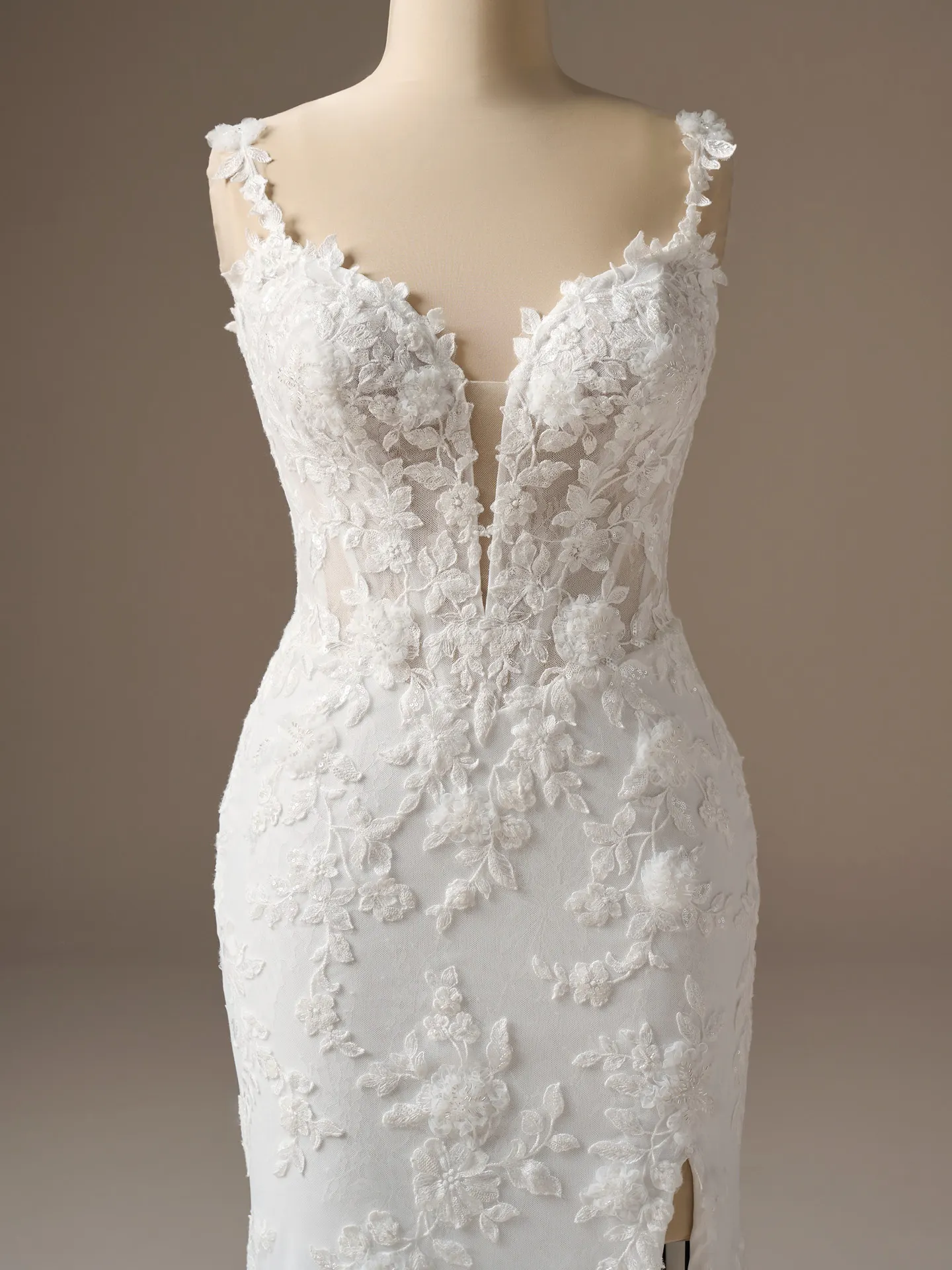 Sottero and Midgley West beaded lace fit-and-flare wedding dress, front view.
