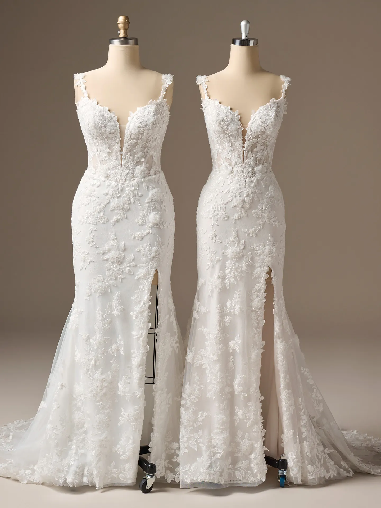 Sottero and Midgley West beaded lace fit-and-flare gown on mannequins, front view.