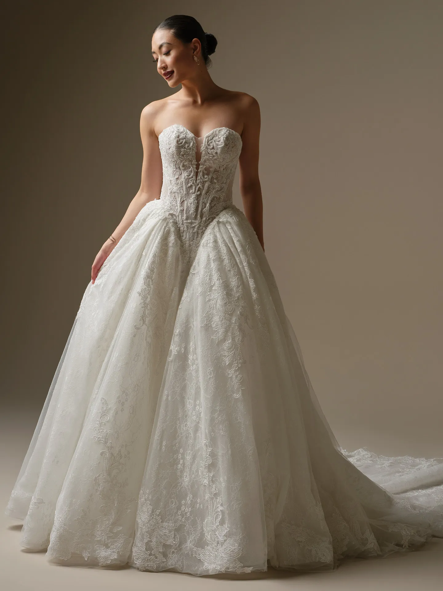 Sottero and Midgley Zulani strapless beaded lace ballgown, front view by Sottero and Midgley.