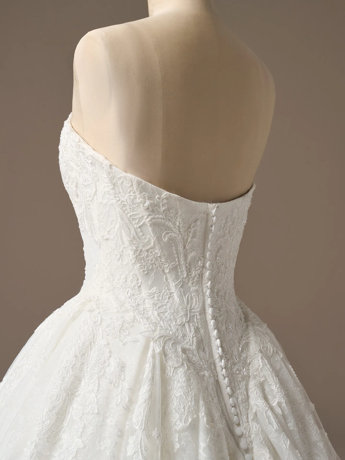 Sottero and Midgley Zulani, back view lace corset ballgown with button detail.