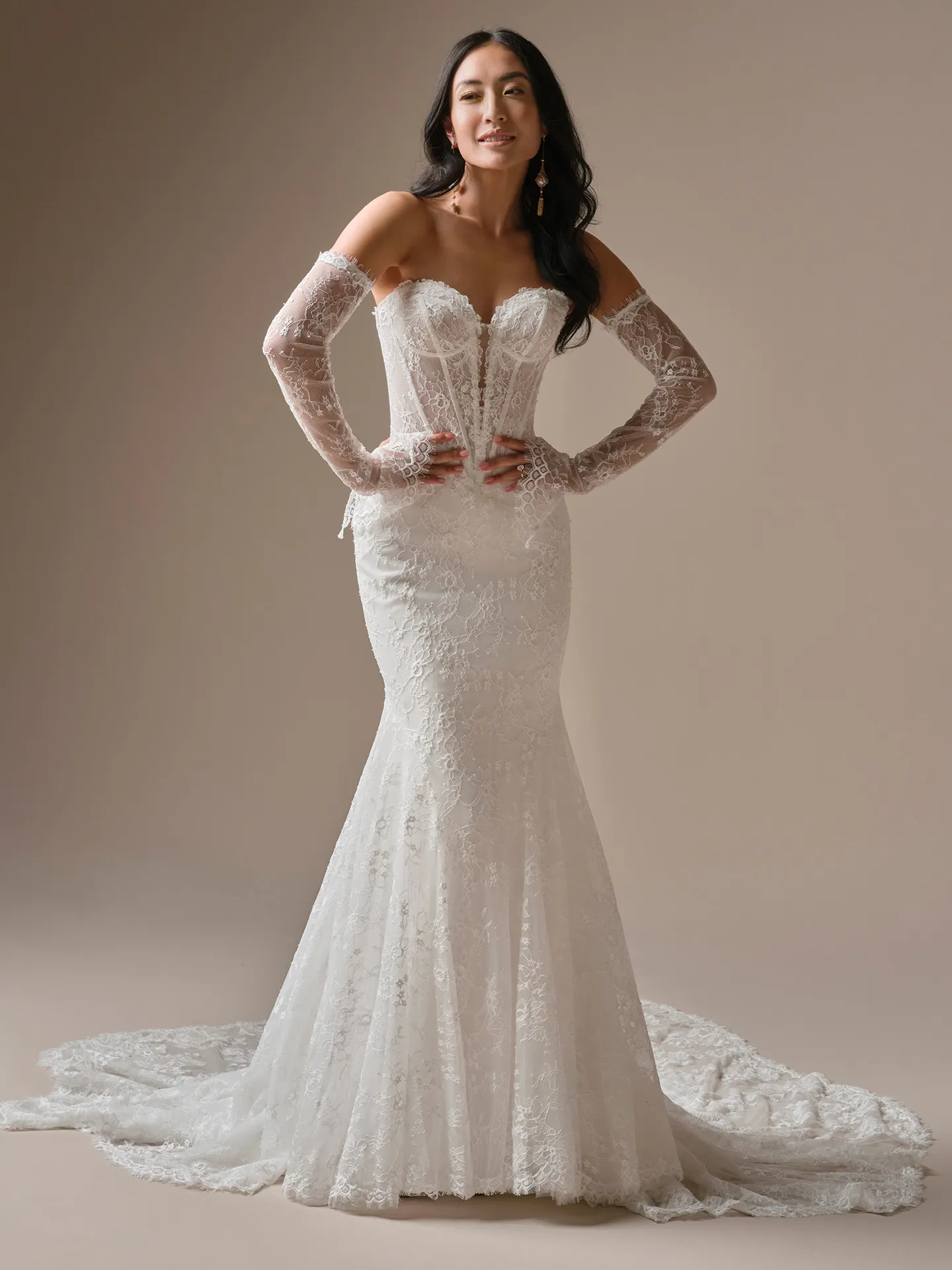 Maggie Sottero Bellevue detachable sleeves, front view.