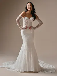 Bellevue detachable off-the-shoulder Chantilly lace sleeves with flared cuffs and button detailing