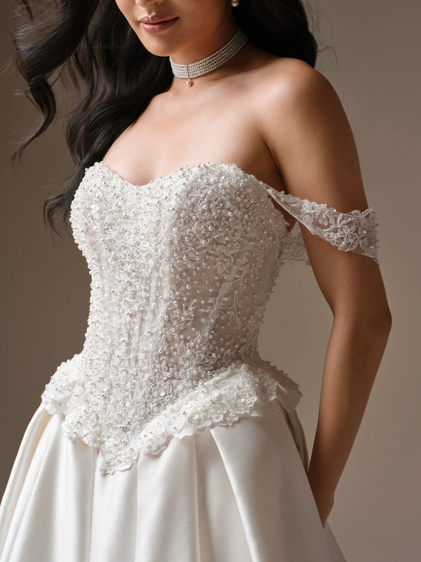 Maggie Sottero London detachable cap-sleeves, front view.
