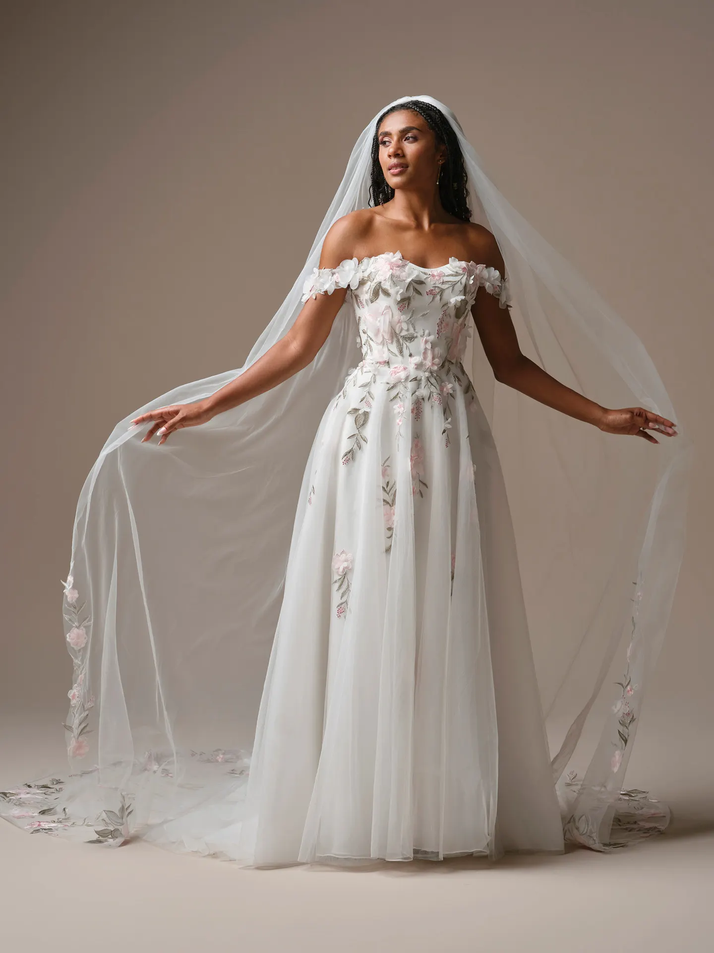 Rebecca Ingram gown, front view with floral lace and cathedral veil.