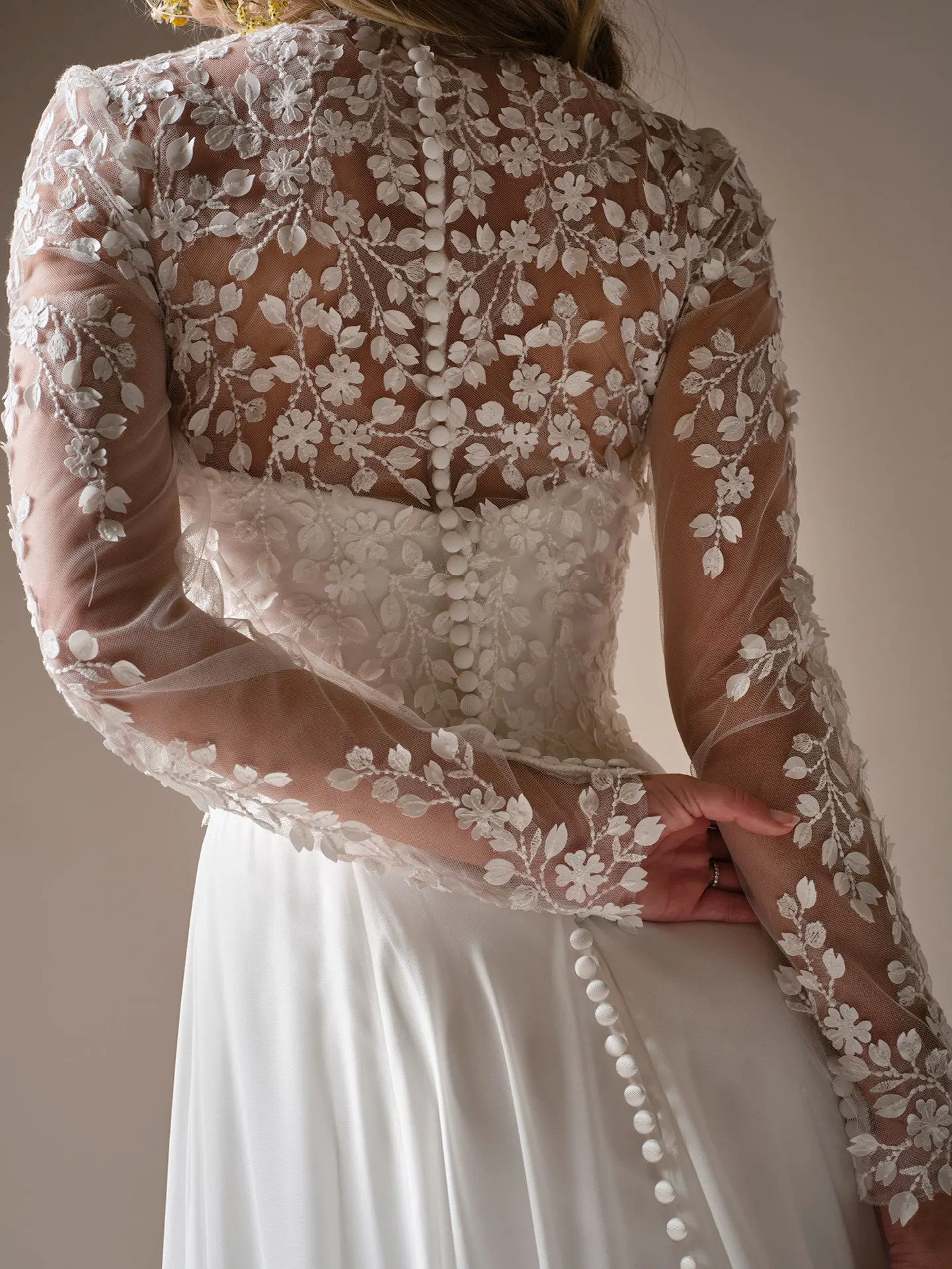 Rebecca Ingram Georgina back view, detachable -D lace bridal jacket with floral design