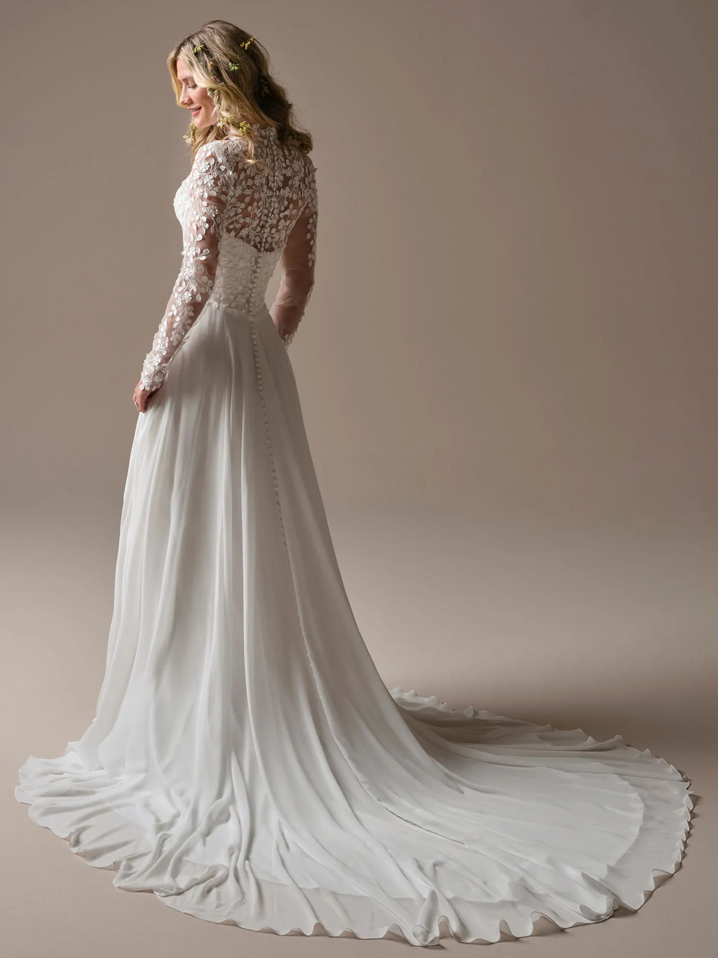 Rebecca Ingram Georgina A-line dress side view with lace jacket and train