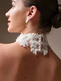 Burke detachable illusion choker with 3-D beaded lace, sequin details, and covered button closure