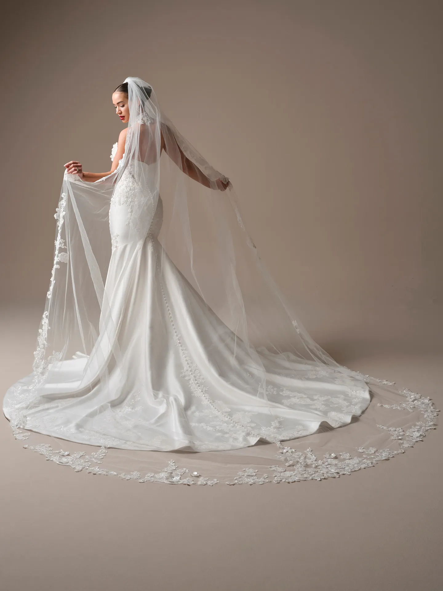Sottero and Midgley Burke, side view with royal veil and beaded lace.