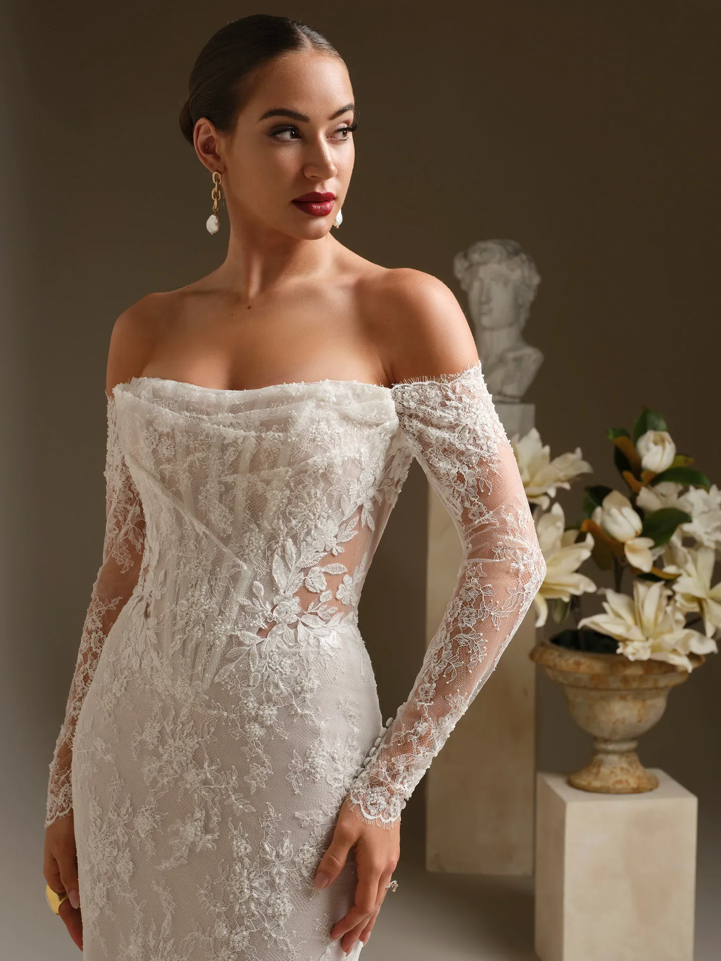 Sottero and Midgley Dublin, front view lace gown with detachable sleeves.