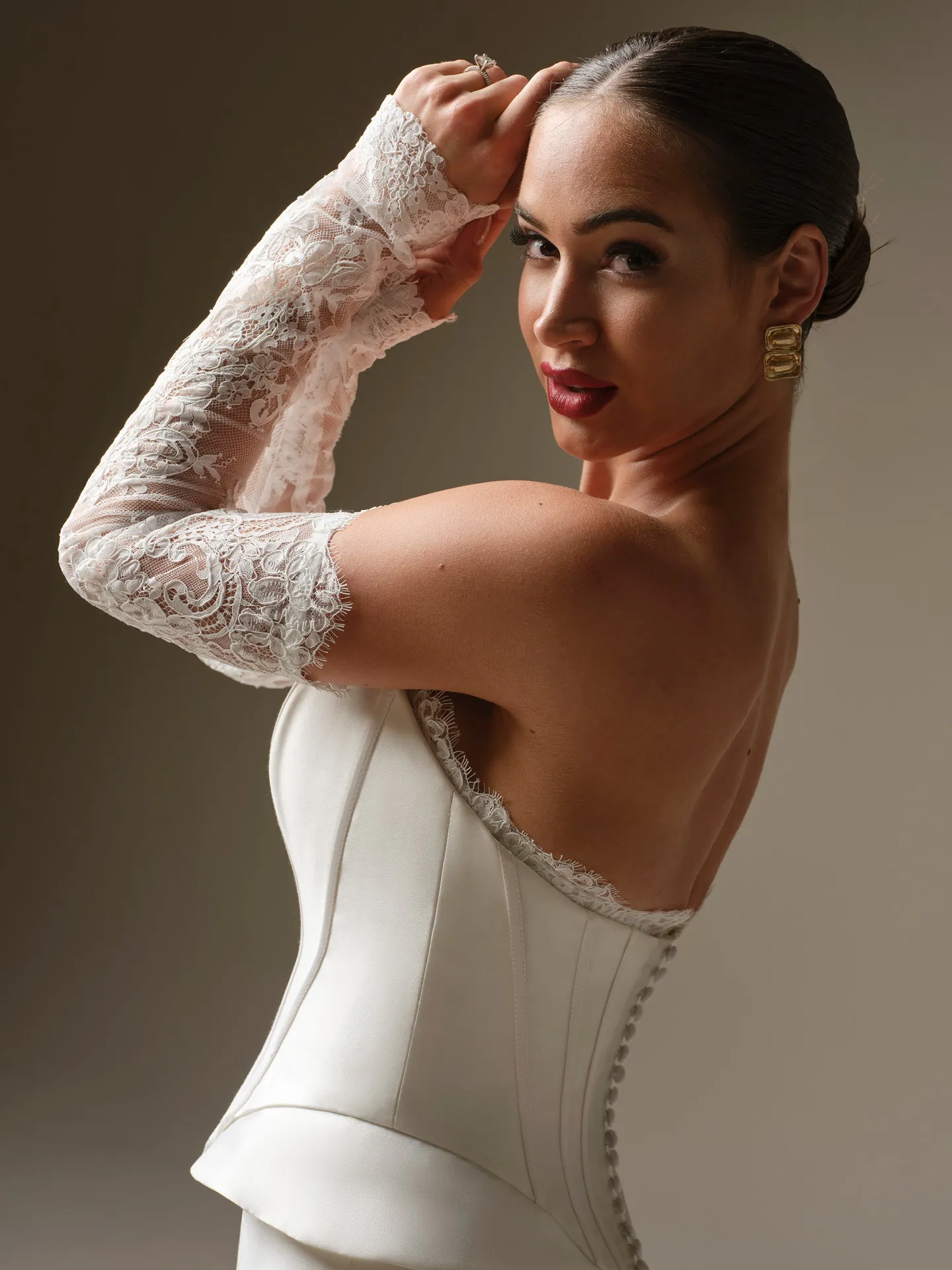 Sottero and Midgley Lassen Marie, side view with lace sleeves.