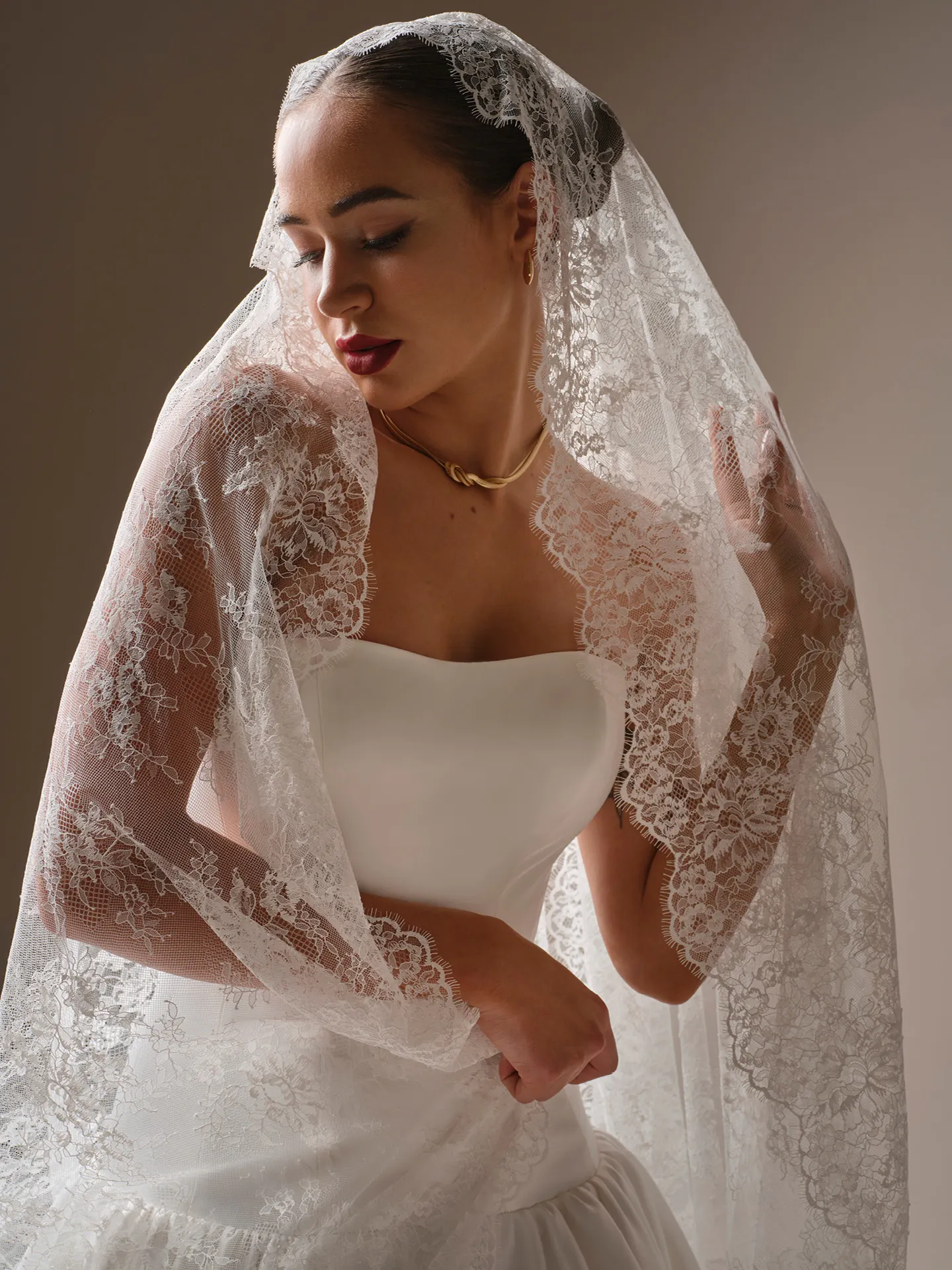 Sottero and Midgley Lassen cathedral veil with Chantilly lace, front view.