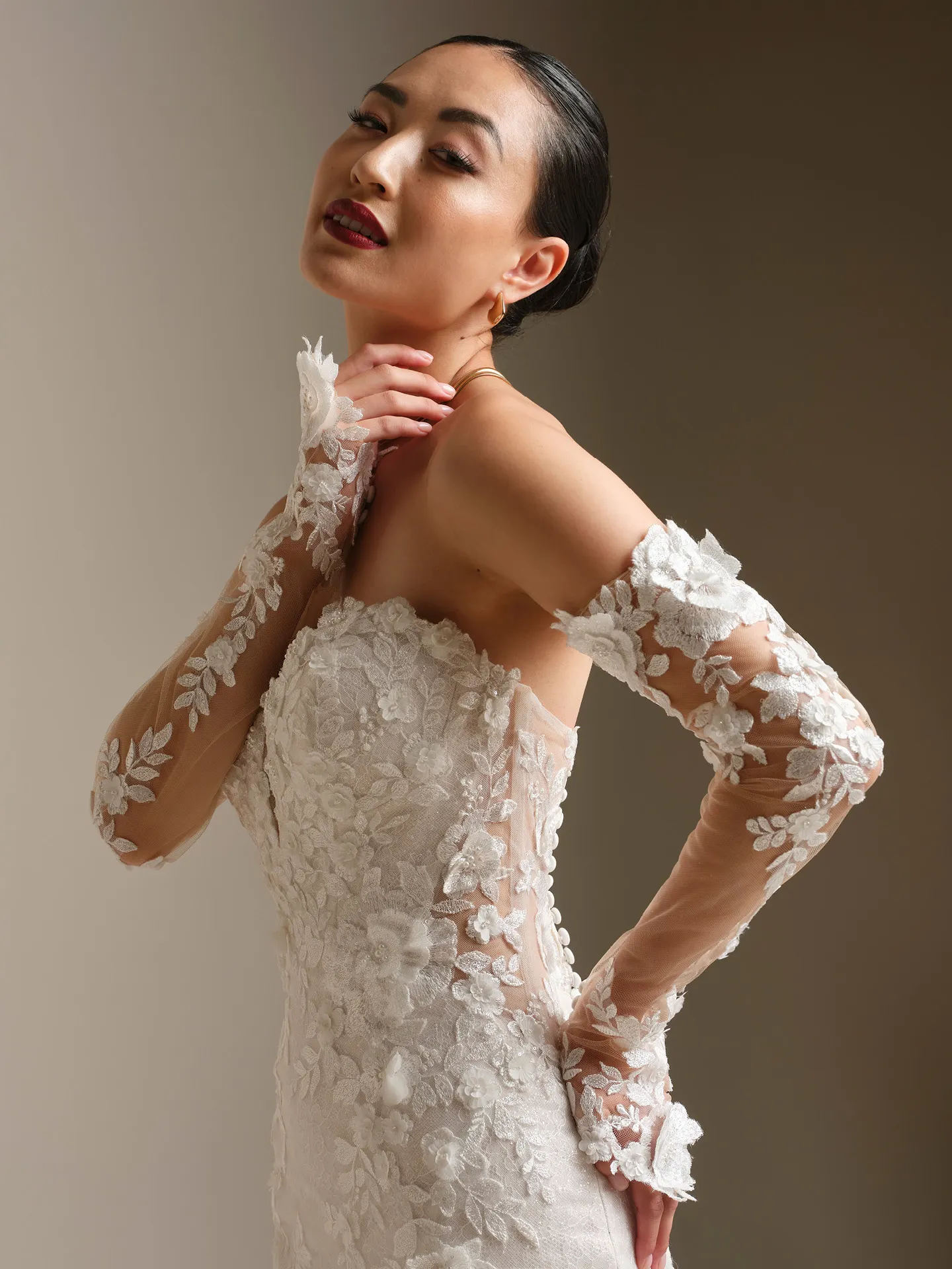 Sottero and Midgley Rashida, side view, beaded lace sleeves.
