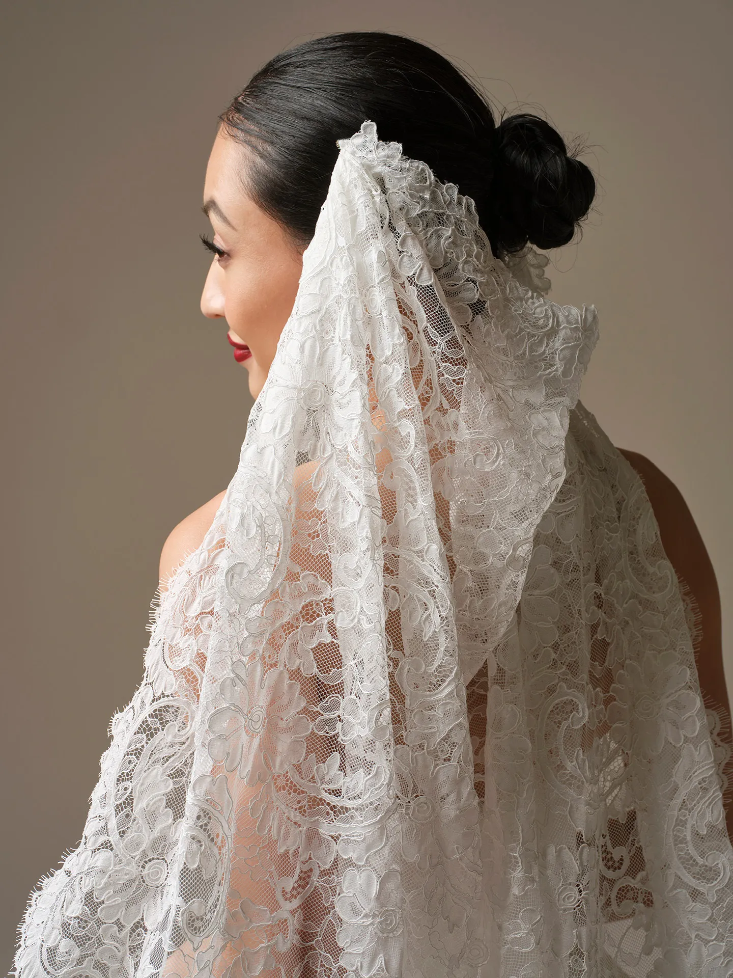 Sottero and Midgley veil, side view with unembellished lace detail.