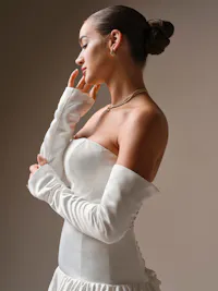 Tokyo detachable off-the-shoulder O’Hara satin long fitted sleeves with upper arm button closure